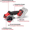 A cordless circular saw with its battery attached, shown from a side-diagonal angle, with callouts highlighting its features. Produktbild-Vorschau