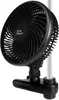 A close-up of a black clip-on fan attached to a white pole, with the fan angled towards the viewer. Náhľad obrázku produktu