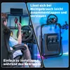 A split image showing a person using a racing wheel setup and a separate view of the racing wheel stand. Produktbild-Vorschau