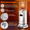 A marketing image showing a gas patio heater with various specifications and dimensions highlighted with text overlays. Produktbild-Vorschau