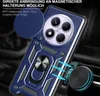 A close-up of a blue phone case with a camera cover, ring holder, and magnetic attachment feature, shown with a magnetic car mount. Produktbild-Vorschau