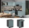 A modern kitchen with light blue-gray cabinets and dark gray countertops, featuring a dining table and chairs in the foreground, and two separate cabinet units shown below. Anteprima dell’immagine prodotto