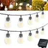 A collage of images showing solar-powered string lights in various settings, including a close-up of the lights and a solar panel. Náhled obrázku produktu