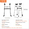 Two views of a silver and black walker with armrests and wheels, with dimensions and product information displayed. Náhľad obrázku produktu