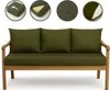 A set of green outdoor cushions for a sofa, displayed on a wooden sofa frame against a white background. Four circular insets show details of the cushions. Náhľad obrázku produktu