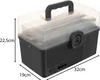 A gray storage box with a transparent lid and handle, shown with dimensions indicated. Náhled obrázku produktu