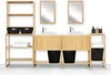 A bathroom vanity set with two sinks, mirrors, and shelving units. Produktbild-Vorschau