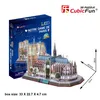 A 3D puzzle of Notre Dame de Paris is shown next to its packaging. Dimensions are provided. Produktbild-Vorschau