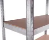 Close-up view of a metal shelving unit with brown shelves. Náhled obrázku produktu