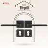A marketing image showcasing a black door handle set with keyhole escutcheons, presented against a light beige and white patterned background with architectural elements. Produktbild-Vorschau