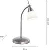 A silver desk lamp with a white glass shade is shown against a white background. Dimensions are indicated by lines and text. Produktbild-Vorschau