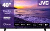 A television screen displaying a sunset over a rocky beach, with various app logos and product specifications overlaid on the left side and bottom. Produktbild-Vorschau