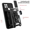 A black phone case with a kickstand and camera cover is shown with labels pointing out its features. Produktbild-Vorschau