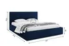 A blue upholstered bed with dimensions indicated by measurement lines. Produktbild-Vorschau