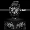 A black digital sports watch is displayed against a black background, with smaller images of the watch at the bottom. Produktbild-Vorschau
