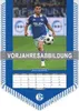 A soccer player in a blue and white uniform is kicking a soccer ball on a green field. Below the player is a calendar grid with the month of February labeled. Produktbild-Vorschau