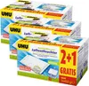 A stack of three UHU Luftentfeuchter (air dehumidifier) refill bags, each in its own packaging. Produktbild-Vorschau