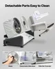 An exploded view of an electric slicer with its detachable parts shown separately, along with close-up shots of specific components. Náhled obrázku produktu