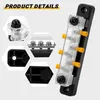 A collage of product details for a busbar power distribution block, showing close-ups of its components and mounting options. Produktbild-Vorschau