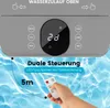 Close-up of an air cooler's control panel and a hand holding a remote control, with a water-like background. Náhľad obrázku produktu