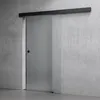 A frosted glass sliding door with a black handle and track against a concrete wall. Produktbild-Vorschau