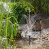 A small solar-powered fountain spraying water in a garden pond with lush green plants and rocks. Produktbild-Vorschau