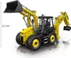 A yellow and black remote-controlled backhoe loader toy is shown from a three-quarter side view on a white background. Voir les images du produit
