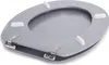 A silver toilet seat with white bumpers and metal hinges, shown from a slightly elevated angle on a white background. Produktbild-Vorschau