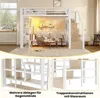 A loft bed with integrated storage and stairs, set up in a living space. Voir les images du produit