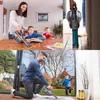 Collage of a woman vacuuming a table with children present, a close-up of a hand holding a vacuum cleaner, and a man vacuuming outdoors with a child nearby. Produktbild-Vorschau