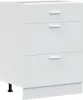 A white kitchen base cabinet with three drawers is shown against a white background. Voir les images du produit