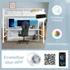 A loft bed with a desk and gaming chair setup, featuring LED lighting and electrical outlets. Produktbild-Vorschau