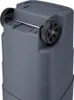 Close-up view of the bottom of a gray wheeled container with black wheels. Produktbild-Vorschau