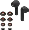 A set of black wireless earbuds and multiple black silicone ear tips with orange inner rings are arranged on a white background. Produktbild-Vorschau