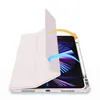 A pink iPad case is shown open, with arrows indicating how it folds and attaches to the iPad. Produktbild-Vorschau