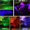 A collage of images showing LED garden lights in various colors illuminating outdoor spaces, including a lawn, a house, and a spooky figure. Produktbild-Vorschau