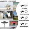 Collage of images showing different uses of umbrellas and drying racks, with feature icons. Produktbild-Vorschau