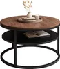 A round coffee table with a wooden top and a black metal frame and shelf. Produktbild-Vorschau