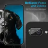 A marketing image showcasing a phone's camera lens protector with a dog's face on the phone screen. Produktbild-Vorschau