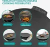 A dark gray textured surface with multiple circular insets showing the product being used in different cooking scenarios, along with text overlays describing the use cases. Produktbild-Vorschau