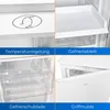 A collage of four close-up images of a white refrigerator, highlighting different features. Produktbild-Vorschau