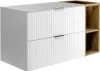 A white and brown bathroom vanity with two drawers and open shelving on the right side, shown against a white background. Produktbild-Vorschau