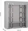 A gray fabric wardrobe with shelves and a hanging rod, shown with dimensions. Produktbild-Vorschau