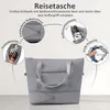 A grey travel bag with callouts highlighting its features. Produktbild-Vorschau