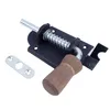 A black spring bolt latch with a wooden handle and a metal strike plate, shown on a white background. Produktbild-Vorschau