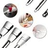 Collage of stainless steel ice scrapers in various settings, including use in a glass, with ice, and with a red pepper. Produktbild-Vorschau