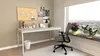 A home office setup with a desk, chair, and a window view. Produktbild-Vorschau