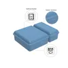 Two blue food storage containers are shown with informational callouts. Produktbild-Vorschau