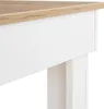 A close-up view of the edge of a table, showing the wood grain top and the white side panel and leg. Produktbild-Vorschau