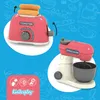A collage of children's toy kitchen appliances, a toaster and a stand mixer, against a blue background with illustrated food items. Produktbild-Vorschau